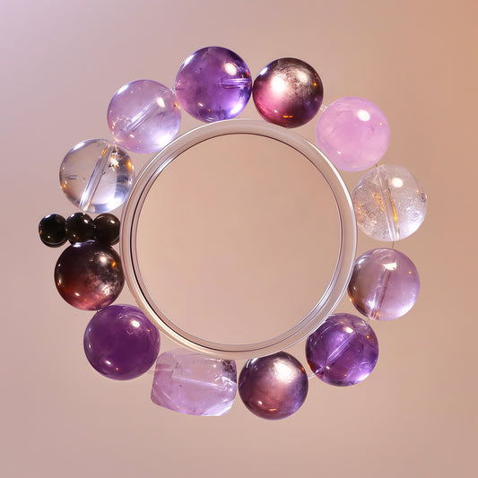 Purple gemstone bracelet with Uruguay amethyst, lepidolite, clear quartz and silver obsidian for calm emotional energy.