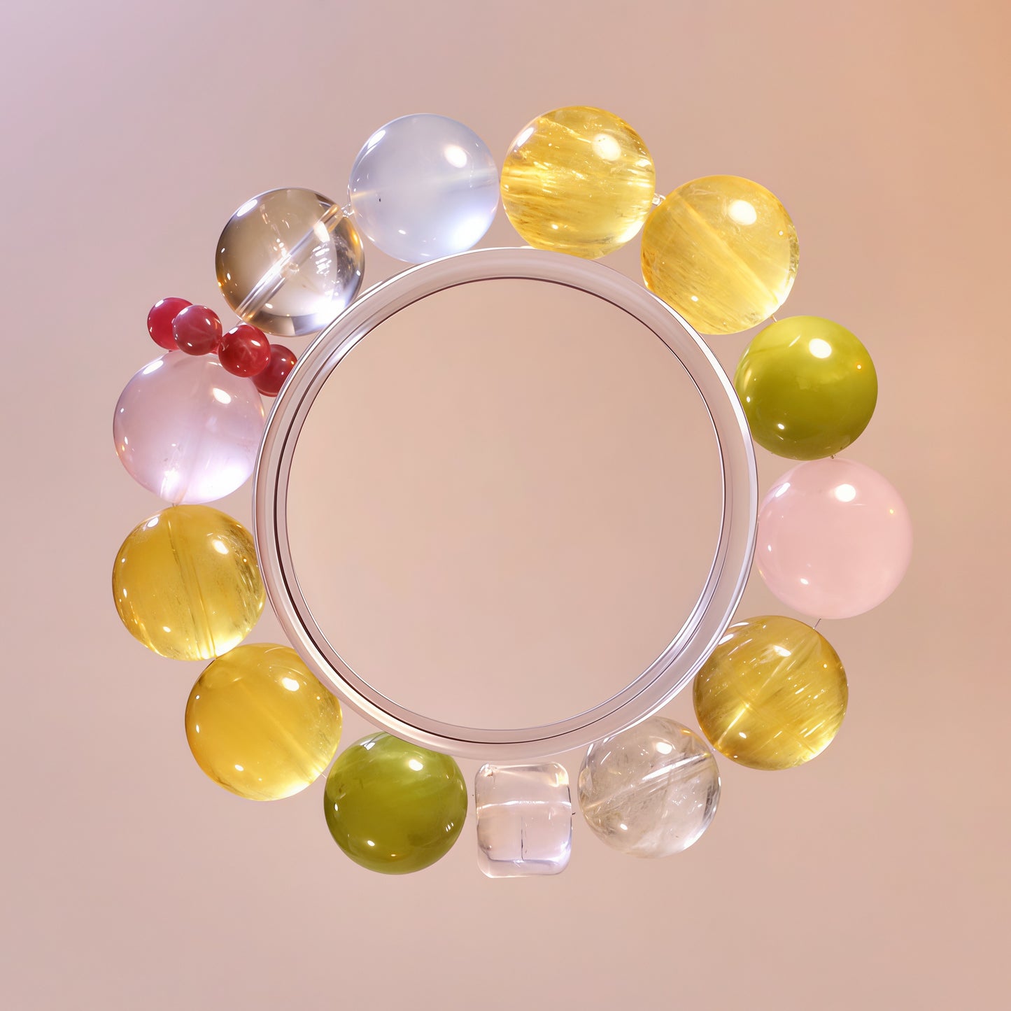 Soft yellow pink and blue gemstone bracelet with aquamarine, rose quartz, lemon quartz and jade crystals for emotional healing.