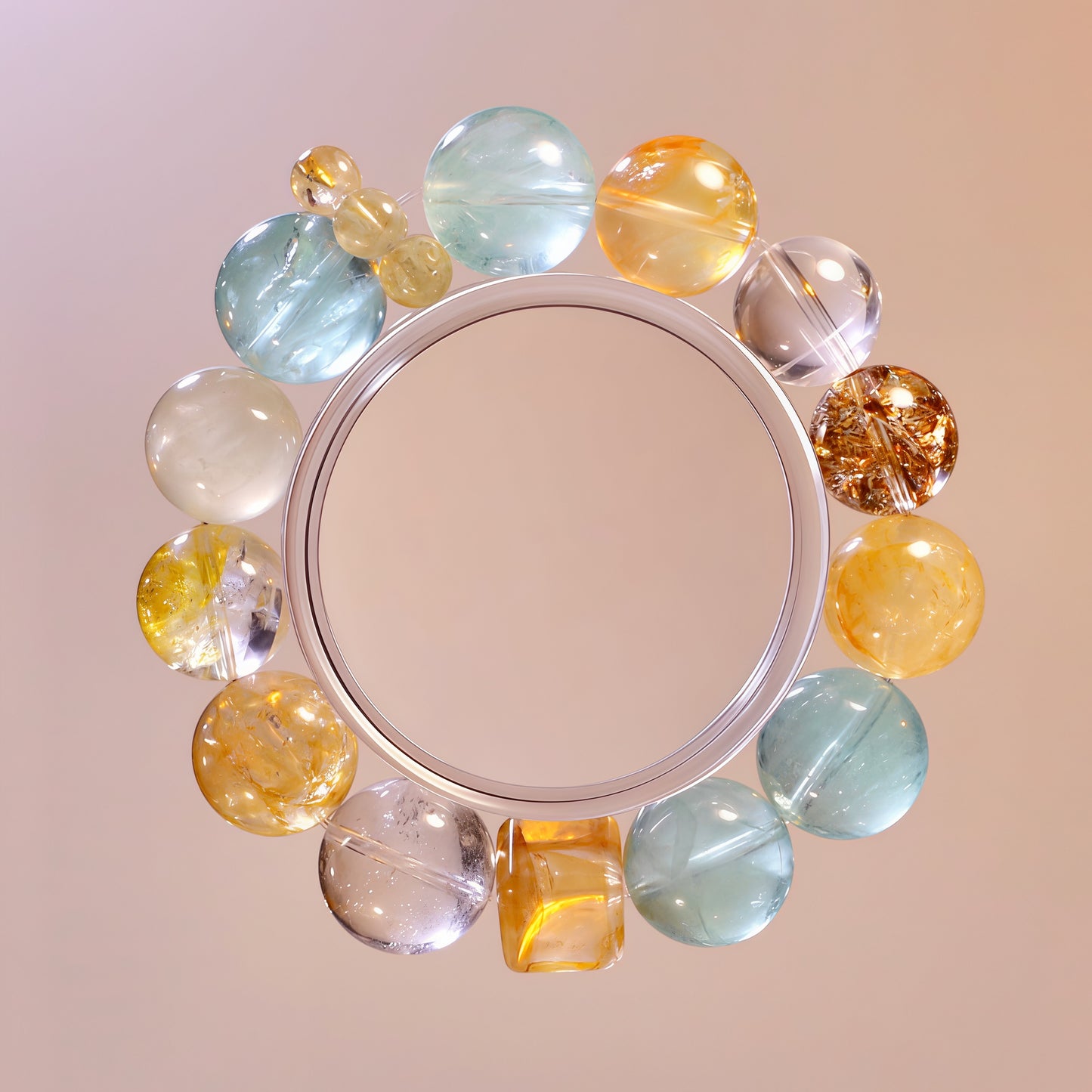 Pastel yellow and green natural crystal bracelet with fluorite, citrine, clear quartz and koi beads for calm and abundance.