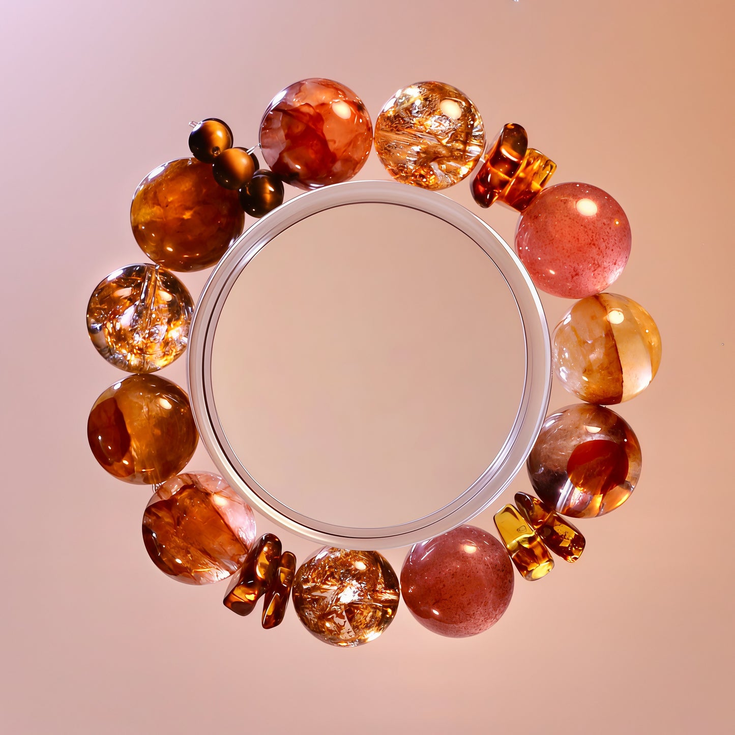 Natural red and golden crystal bracelet with strawberry quartz, tiger eye, koi glass beads and flower crystals for confidence and love energy.
