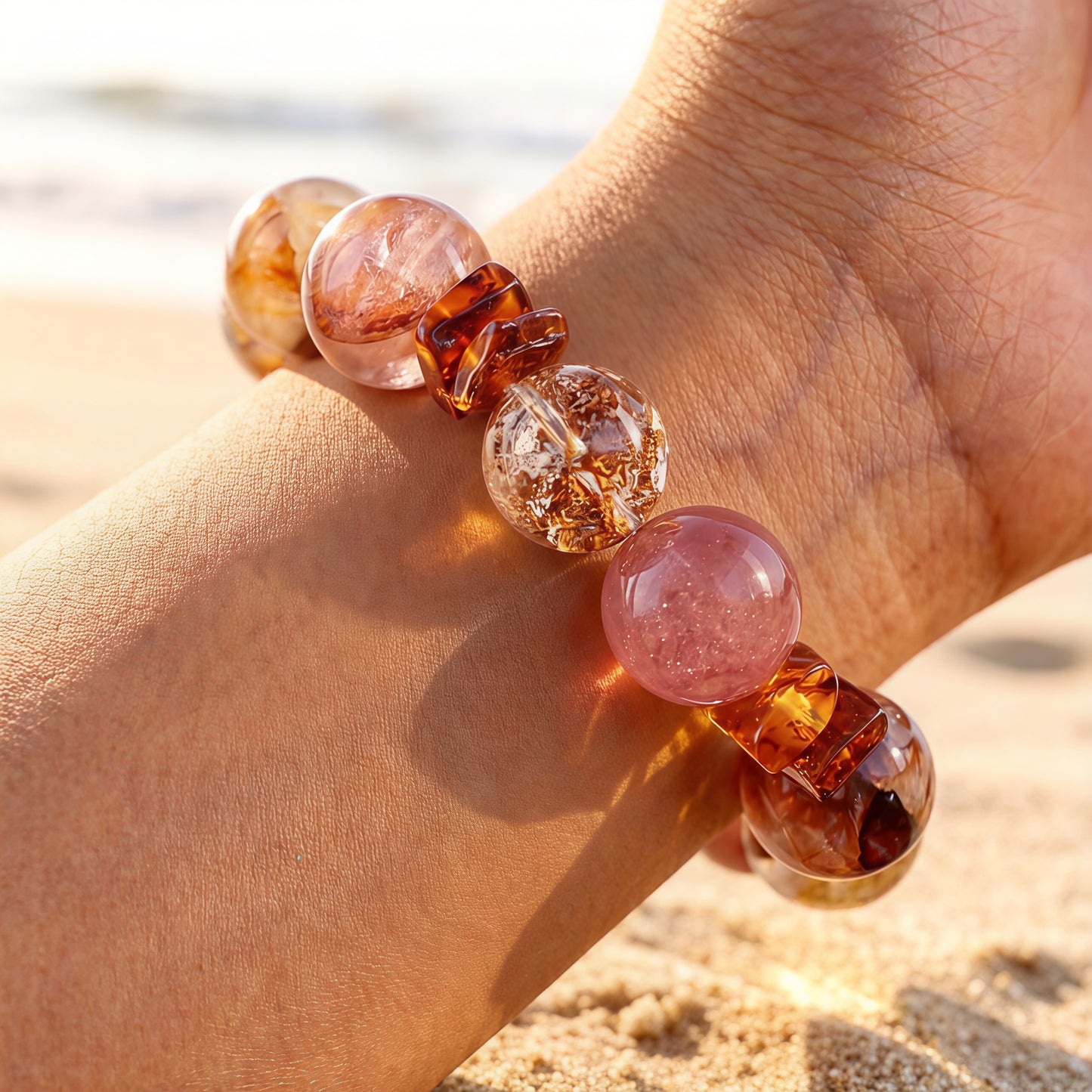 Koi Glass Flower & Strawberry Quartz Bracelet – for Passion and Confidence