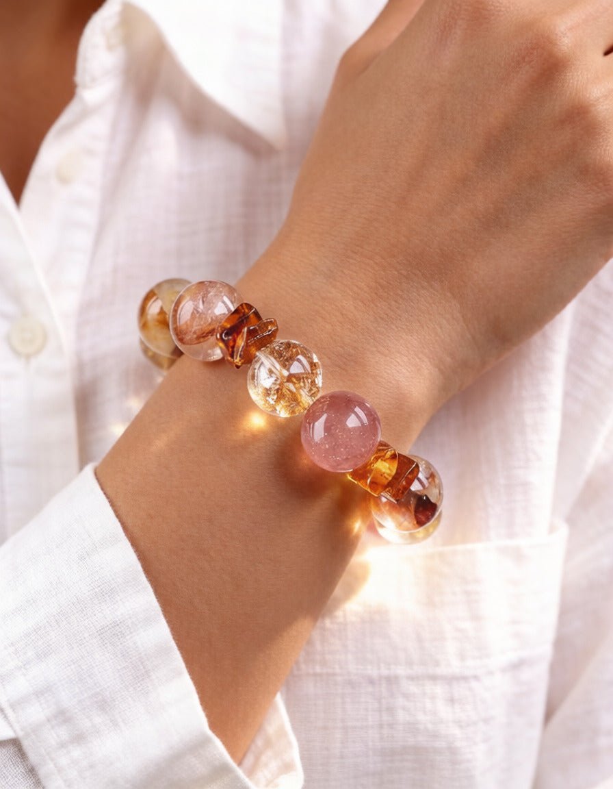 Koi Glass Flower & Strawberry Quartz Bracelet – for Passion and Confidence