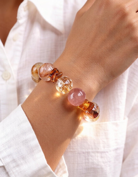 Koi Glass Flower & Strawberry Quartz Bracelet – for Passion and Confidence