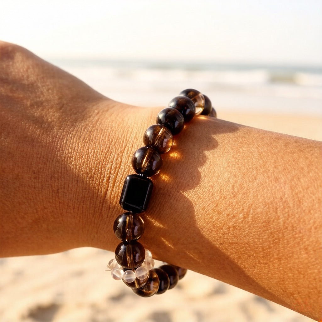 Smoky Quartz & Silver Obsidian Bracelet – Natural Crystal Jewelry for Protection and Balance