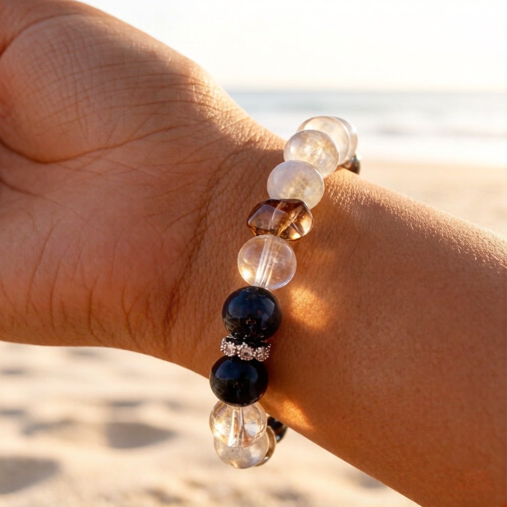 White Agate, Hawk’s Eye & Aquamarine Bracelet – Natural Crystal Jewelry for Balance and Protection