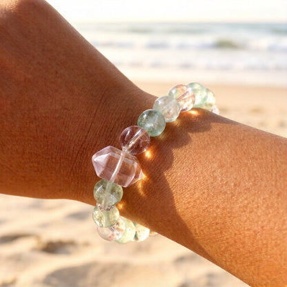 Green Fluorite & Clear Quartz Bracelet – Natural Crystal Jewelry for Renewal and Protection