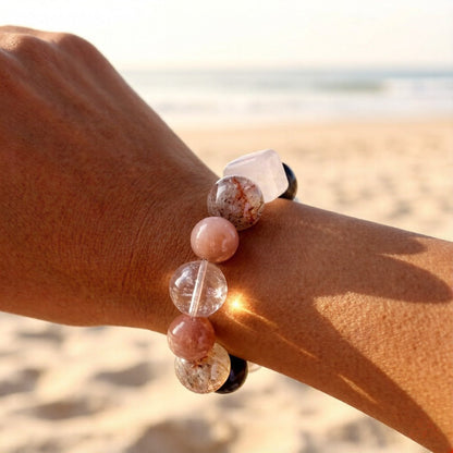 Black Golden Super Seven & Moonstone Bracelet – Natural Crystal Jewelry for Balance and Inner Strength