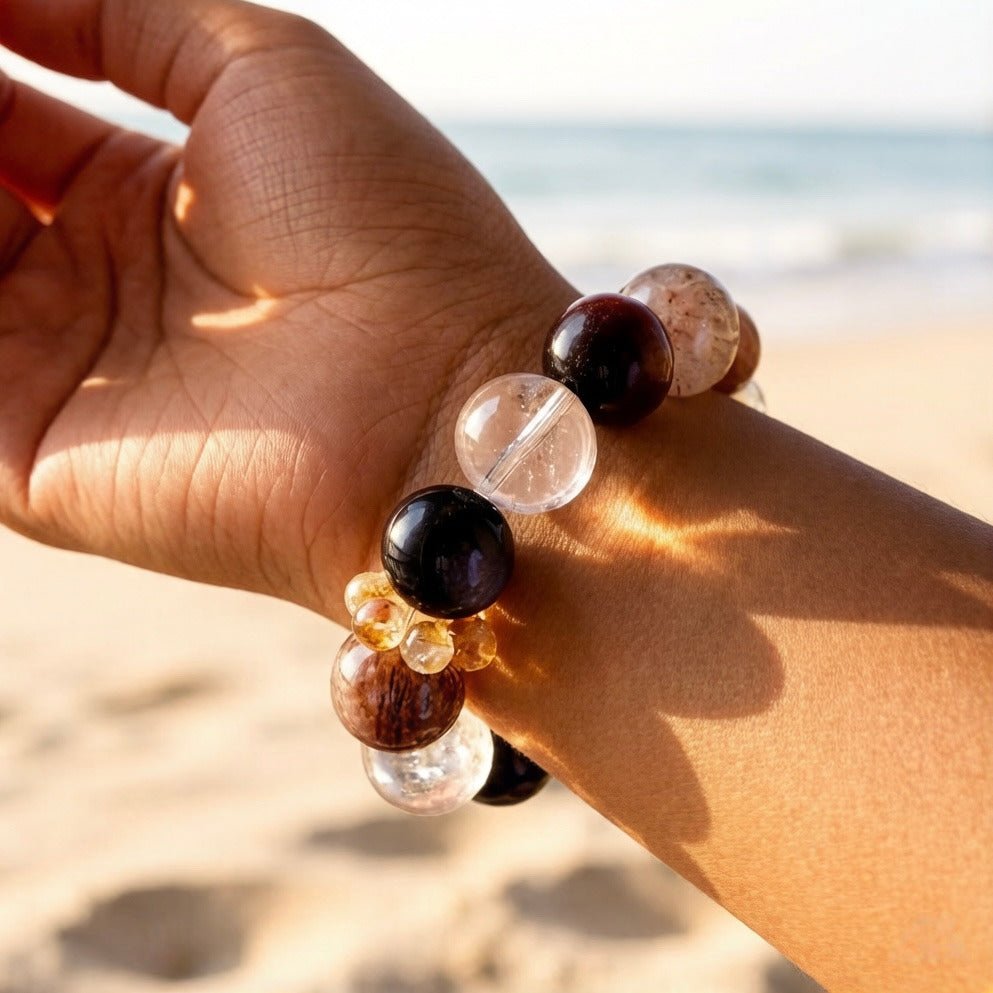 Black Golden Super Seven & Moonstone Bracelet – Natural Crystal Jewelry for Balance and Inner Strength