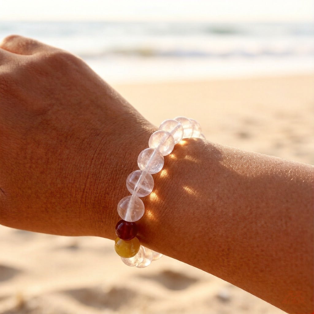Gold Tiger's Eye, Rose Quartz & Red Agate Bracelet – Healing Crystal Jewelry with Silver Dividers