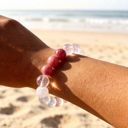 Rose Quartz, Aquamarine & Rhodonite Bracelet – Natural Crystal Jewelry for Love and Growth
