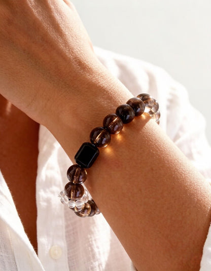 Smoky Quartz & Silver Obsidian Bracelet – Natural Crystal Jewelry for Protection and Balance