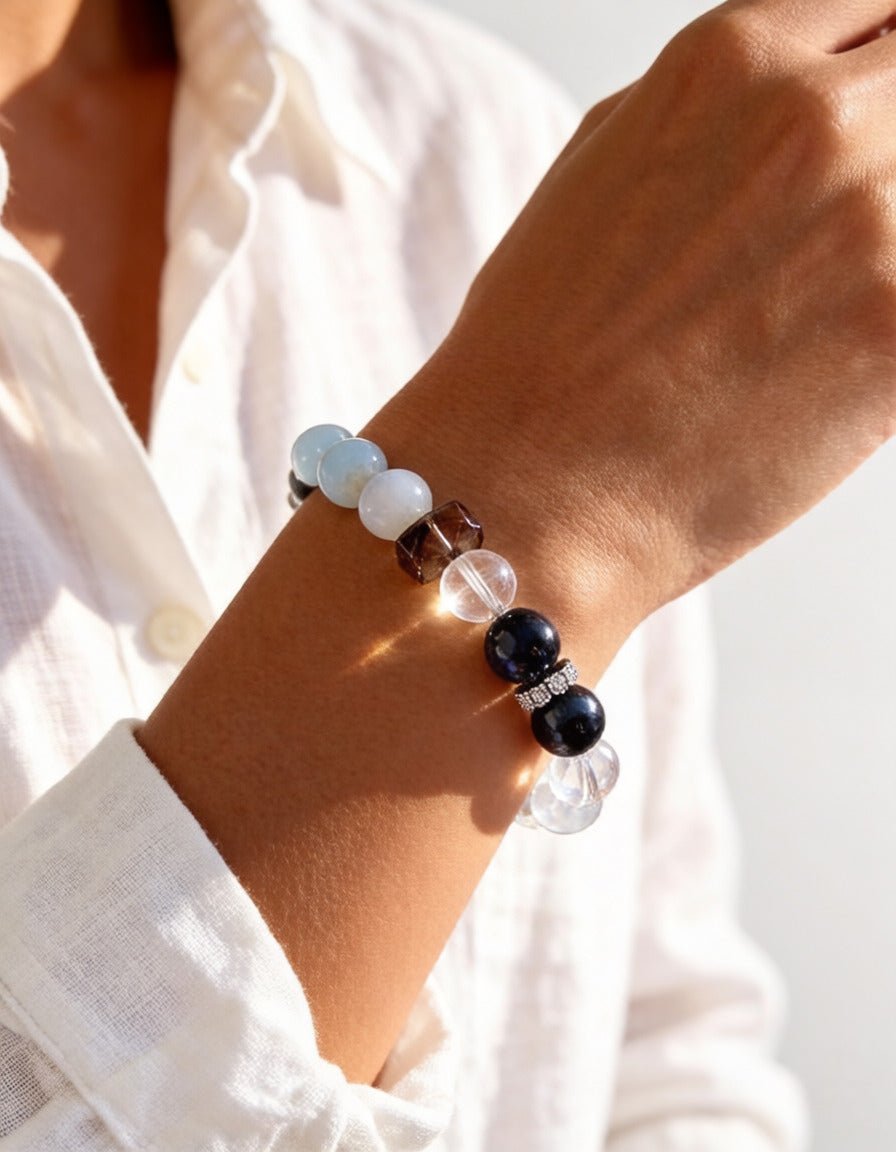 White Agate, Hawk’s Eye & Aquamarine Bracelet – Natural Crystal Jewelry for Balance and Protection