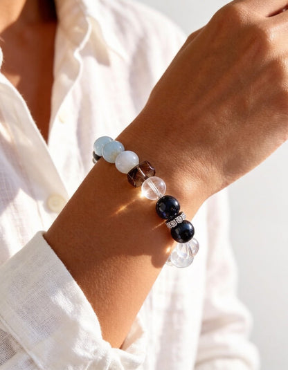 White Agate, Hawk’s Eye & Aquamarine Bracelet – Natural Crystal Jewelry for Balance and Protection