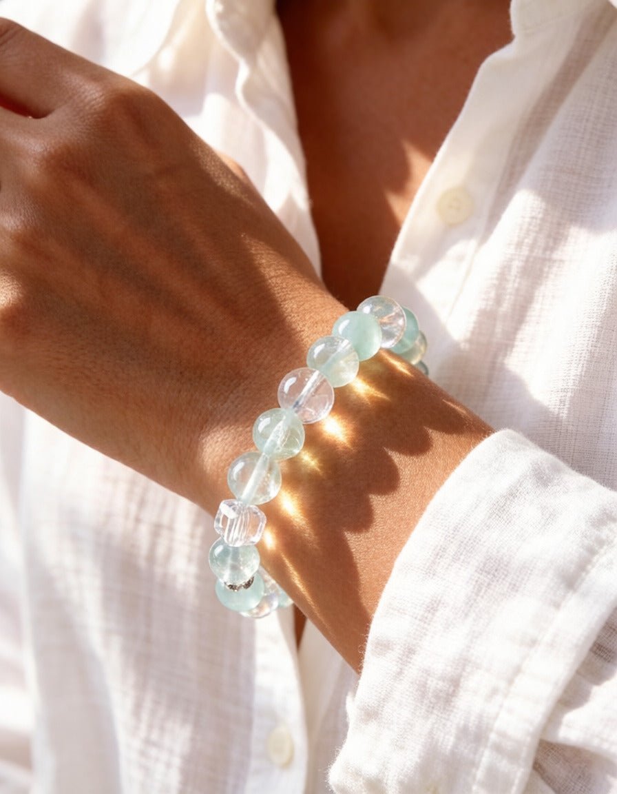 Green Fluorite & Clear Quartz Bracelet – Natural Crystal Jewelry for Renewal and Protection