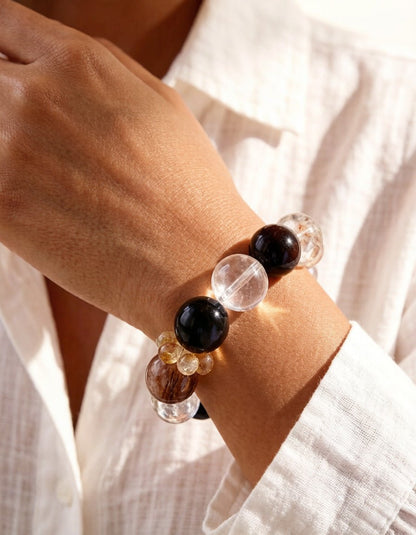 Black Golden Super Seven & Moonstone Bracelet – Natural Crystal Jewelry for Balance and Inner Strength