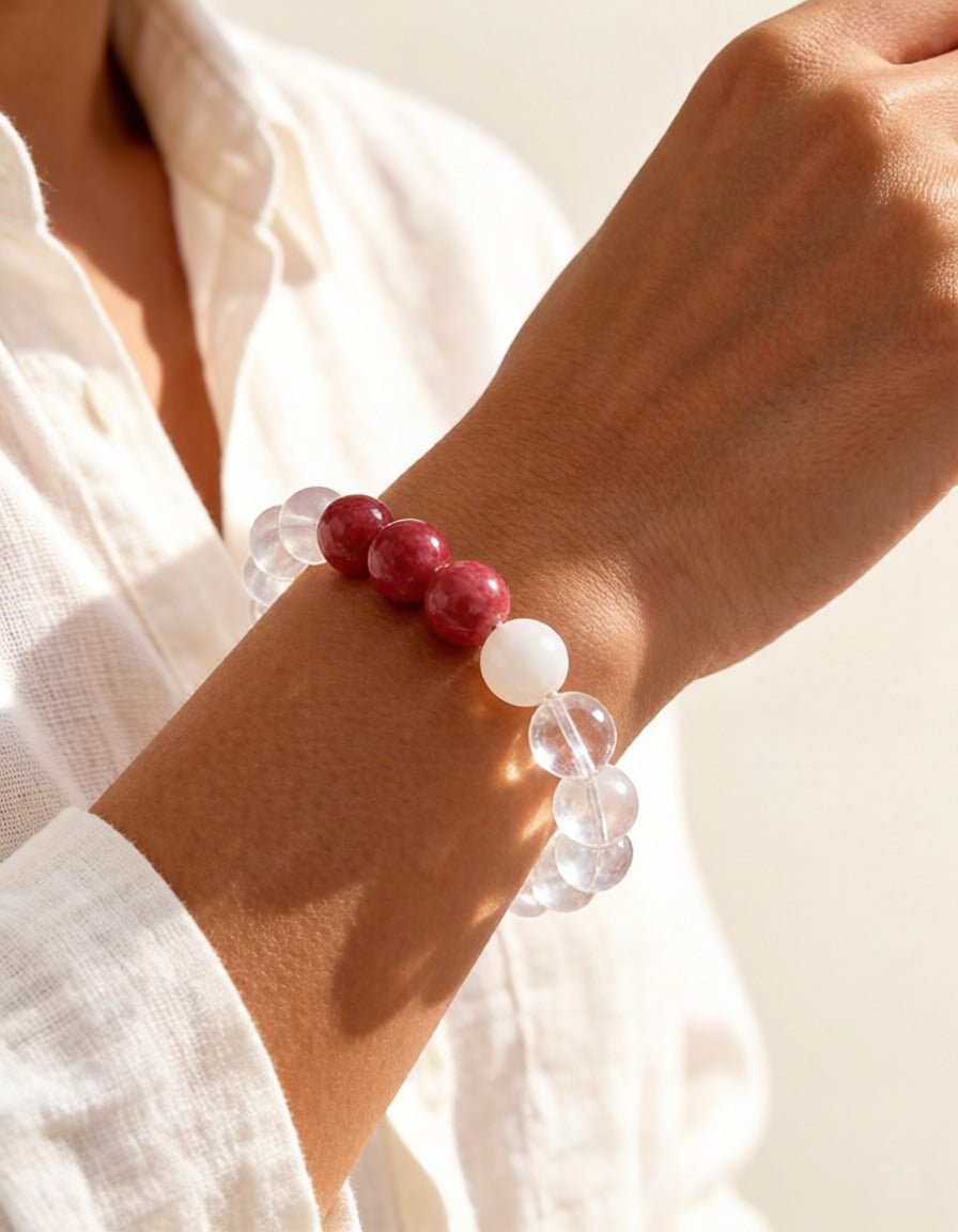 Rose Quartz, Aquamarine & Rhodonite Bracelet – Natural Crystal Jewelry for Love and Growth