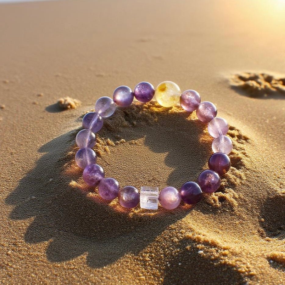 Lepidolite and Lemon Quartz natural crystal bracelet for joy and emotional healing