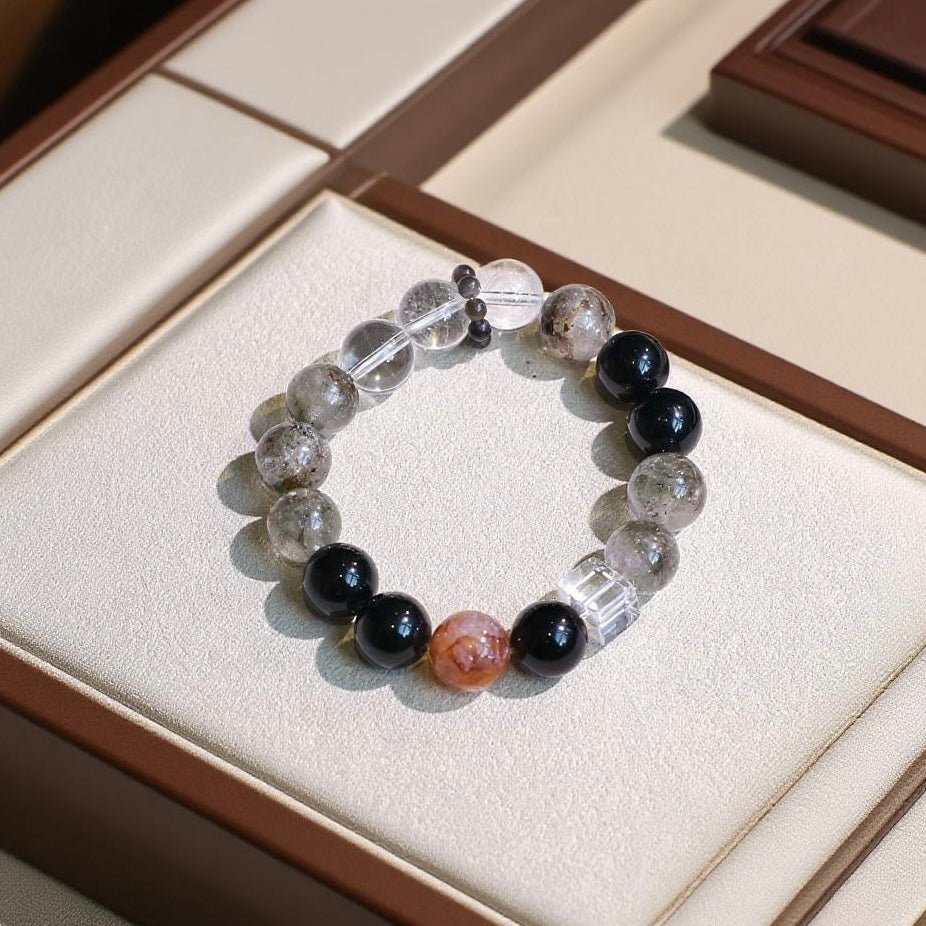 Four Seasons Phantom Quartz and Black Obsidian crystal bracelet for clarity and strength