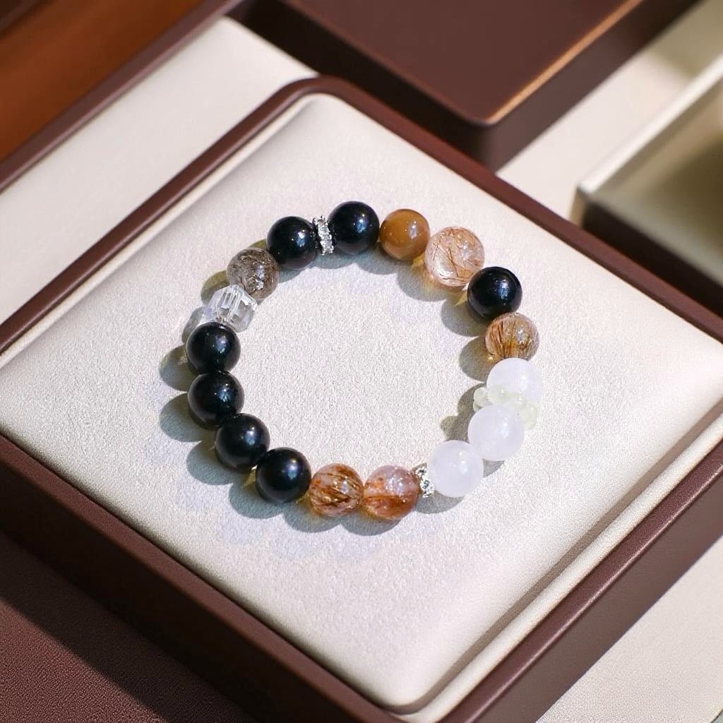 Natural Phantom Quartz and Black Obsidian healing crystal bracelet for balance and protection