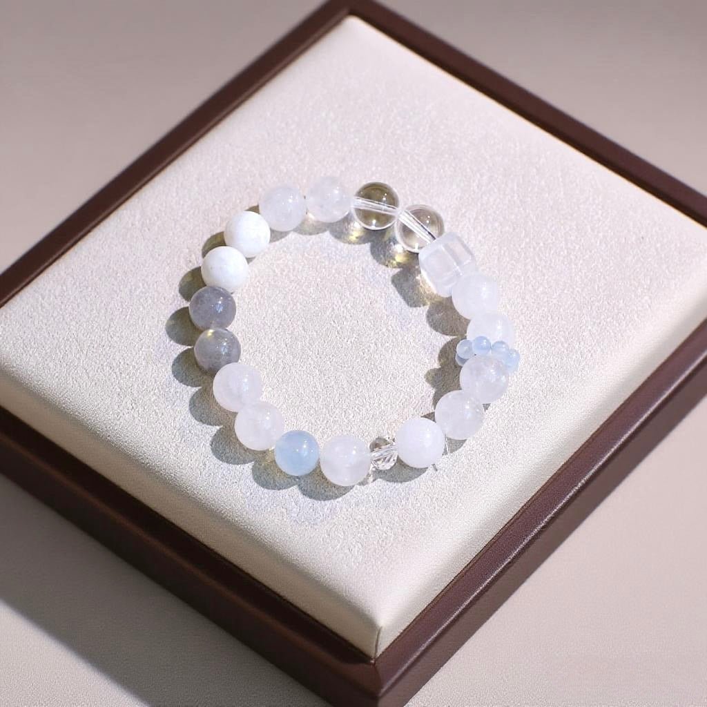 White Phantom Quartz and Aquamarine Bracelet with Clear Quartz – Natural Healing Crystal Jewelry