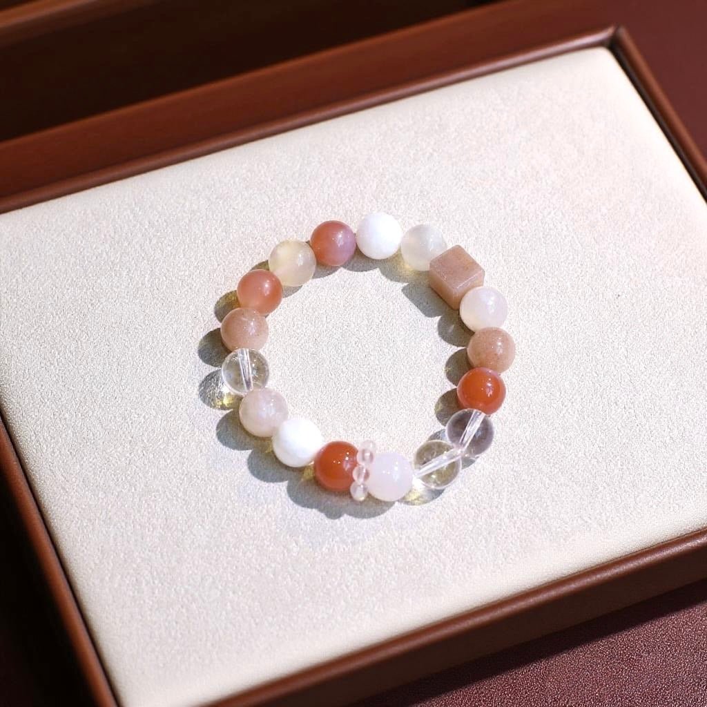 Cherry Blossom Agate and Sunstone Bracelet with Pink Agate and White Azeztulite – Healing and Joyful Jewelry
