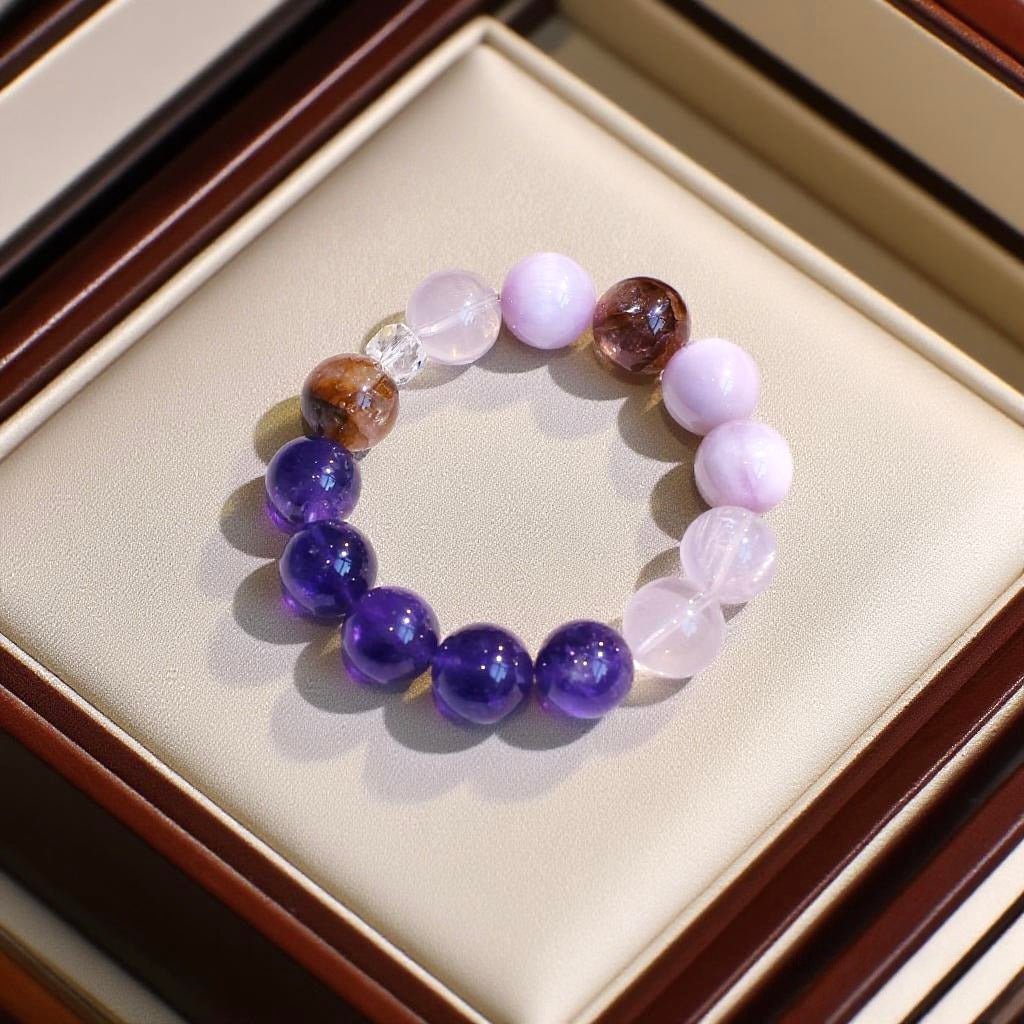 Rose Quartz, Amethyst, Lepidolite, and Clear Quartz Bracelet – Natural Crystal Jewelry for Love and Intuition
