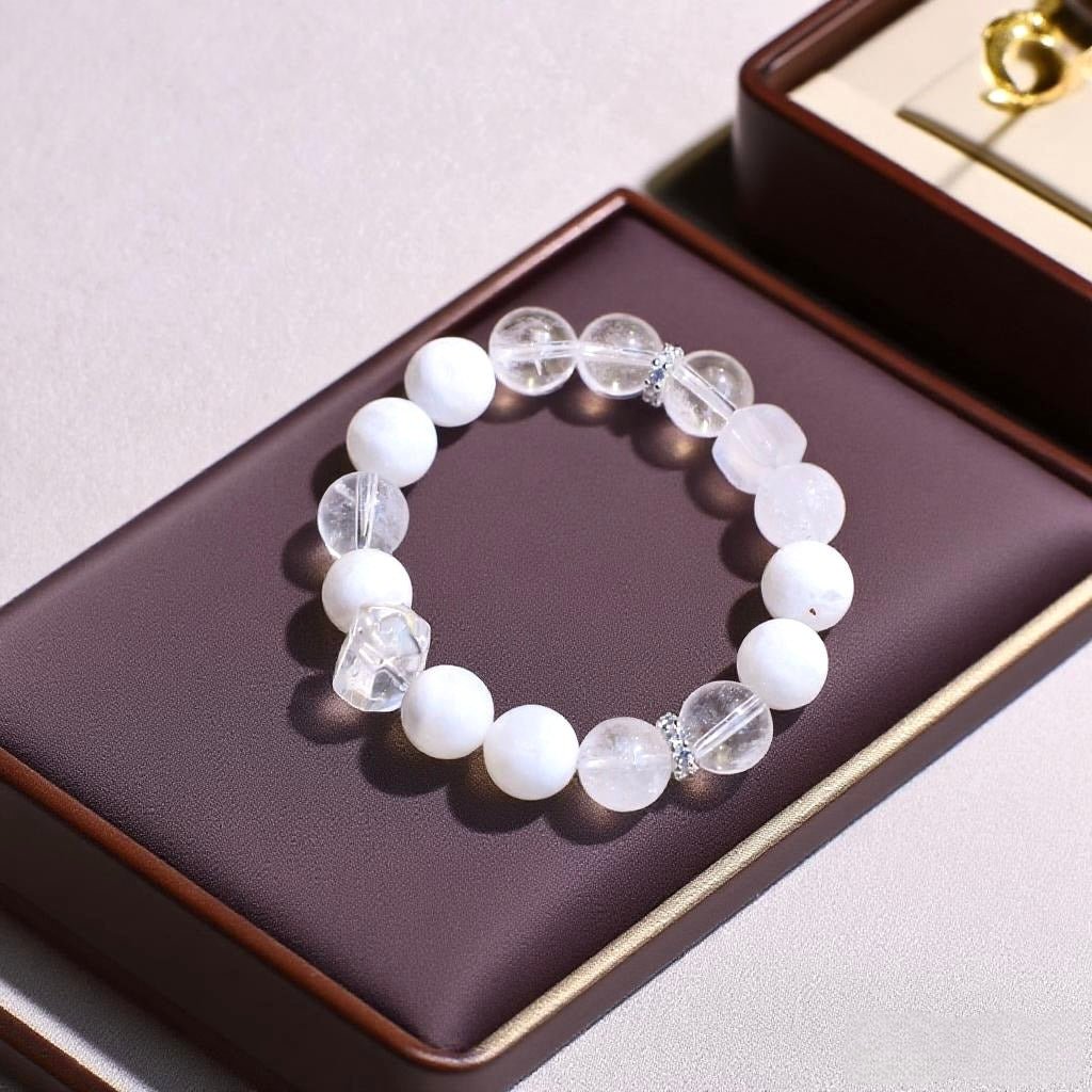 Snow Quartz, White Agate, and Clear Quartz Bracelet – Natural Healing Crystal Jewelry