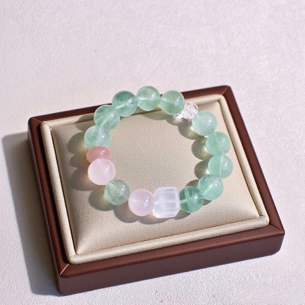 Green Fluorite and Rose Quartz bracelet with Milky Quartz Sugar Cubes
