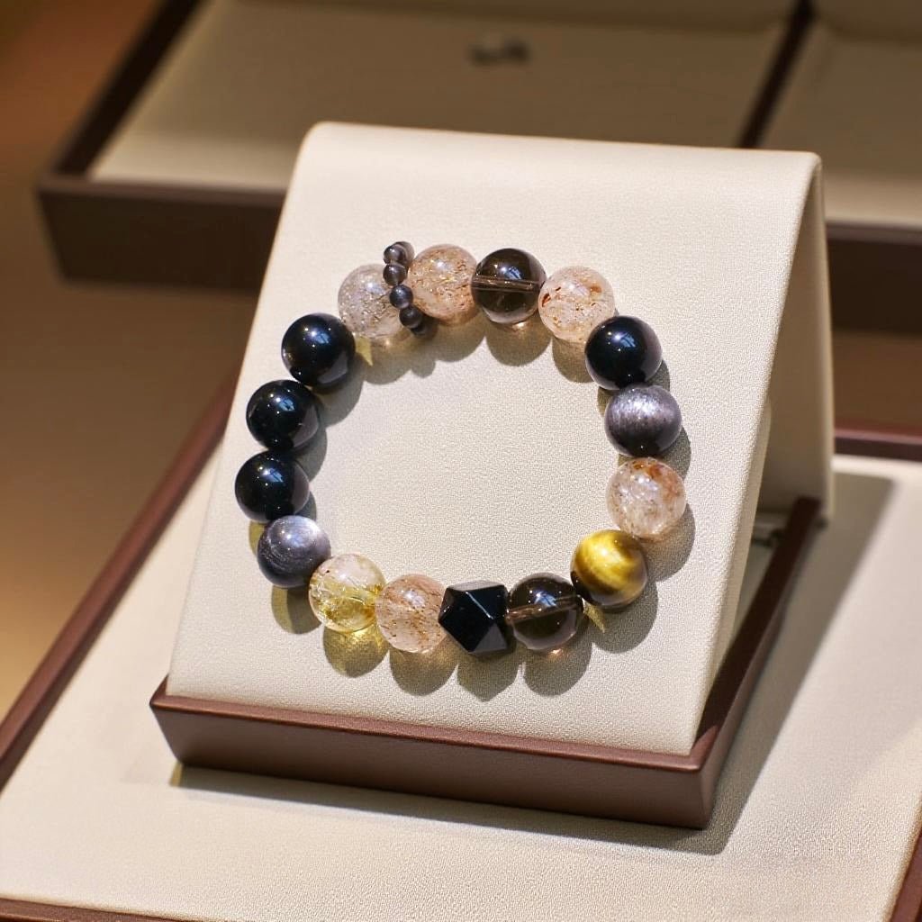 Smoky Quartz, Dzi Bead, and Obsidian natural crystal bracelet for grounding and protection