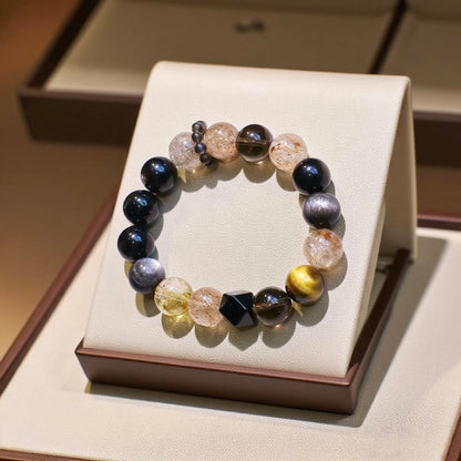 Smoky Quartz, Dzi Bead, and Obsidian natural crystal bracelet for grounding and protection