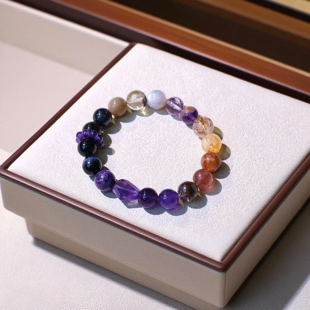Amethyst and Obsidian natural crystal bracelet for calm and protection