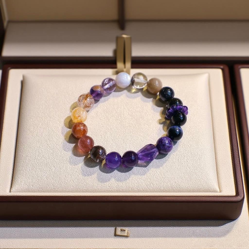 Amethyst and Obsidian natural crystal bracelet for calm and protection