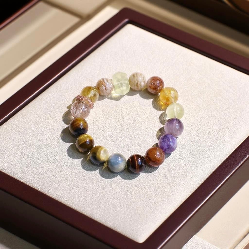 Tiger’s eye and black gold super seven bracelet for power, protection, and spiritual balance.