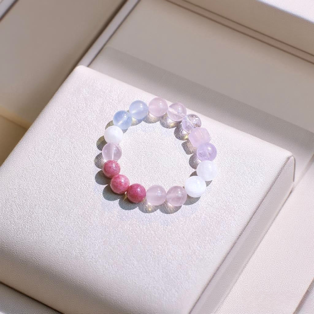 Rose Quartz, Aquamarine, Rhodonite and White Phantom Quartz natural crystal bracelet for love and growth