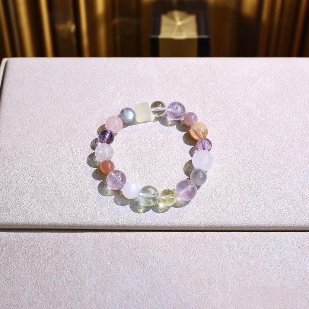 Moonstone, Lemon Quartz, Rose Quartz, Red Agate Flower and White Phantom Quartz bracelet for joy and healing