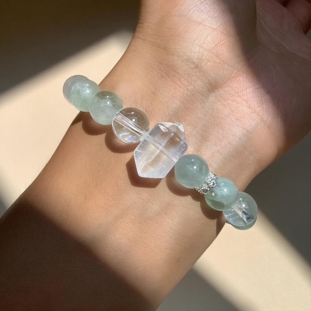 Green Fluorite & Clear Quartz Bracelet – Natural Crystal Jewelry for Renewal and Protection