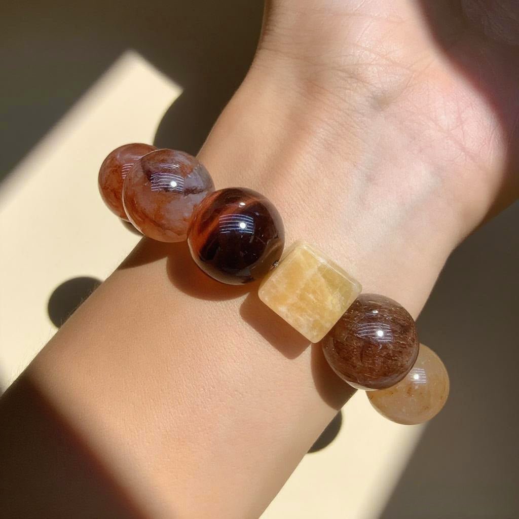 Red Flower Agate & Phantom Quartz Bracelet – Natural Crystal Jewelry for Passion and Inner Growth