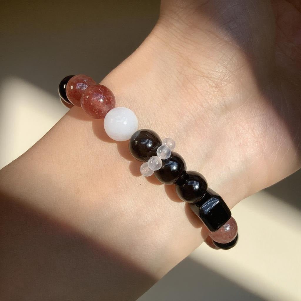 Silver Obsidian & Strawberry Quartz Bracelet – Healing Crystal Jewelry for Love & Protection