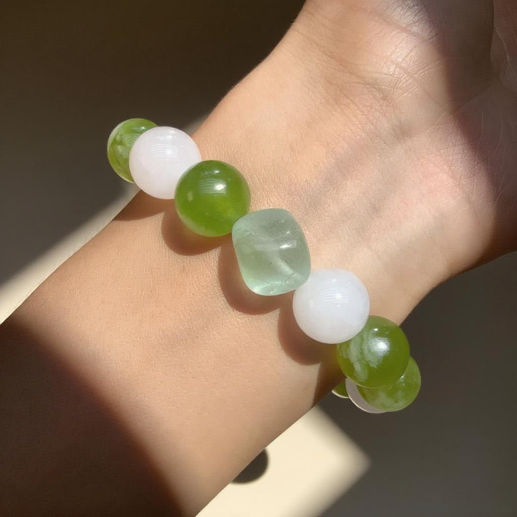 Xiuyan Jade & Green Fluorite Bracelet – Healing Crystal Jewelry for Harmony and Renewal
