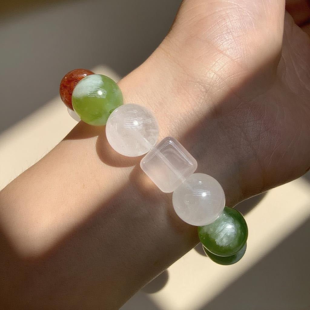 Xiuyan Jade, White Phantom & Rose Quartz Bracelet – Natural Crystal Jewelry for Love and Self-Care