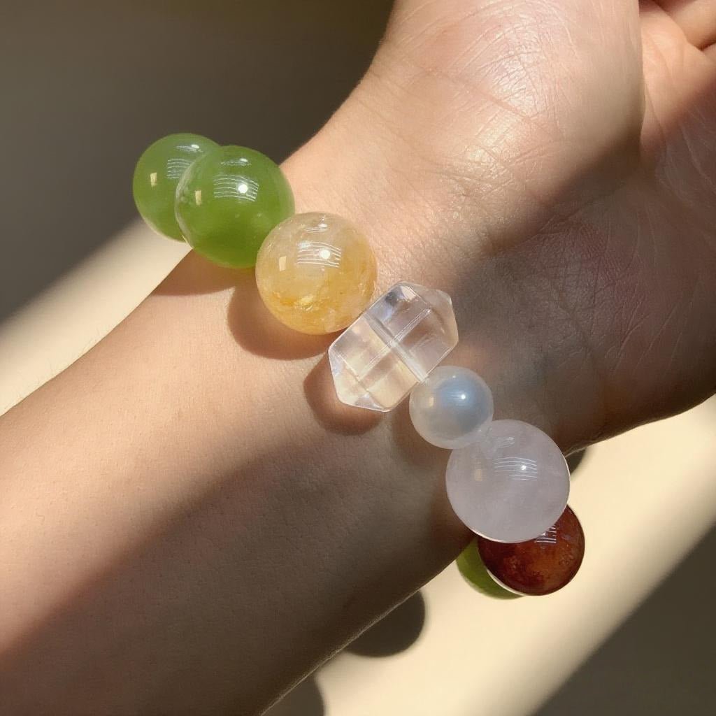 Xiuyan Jade, White Phantom & Rose Quartz Bracelet – Natural Crystal Jewelry for Love and Self-Care