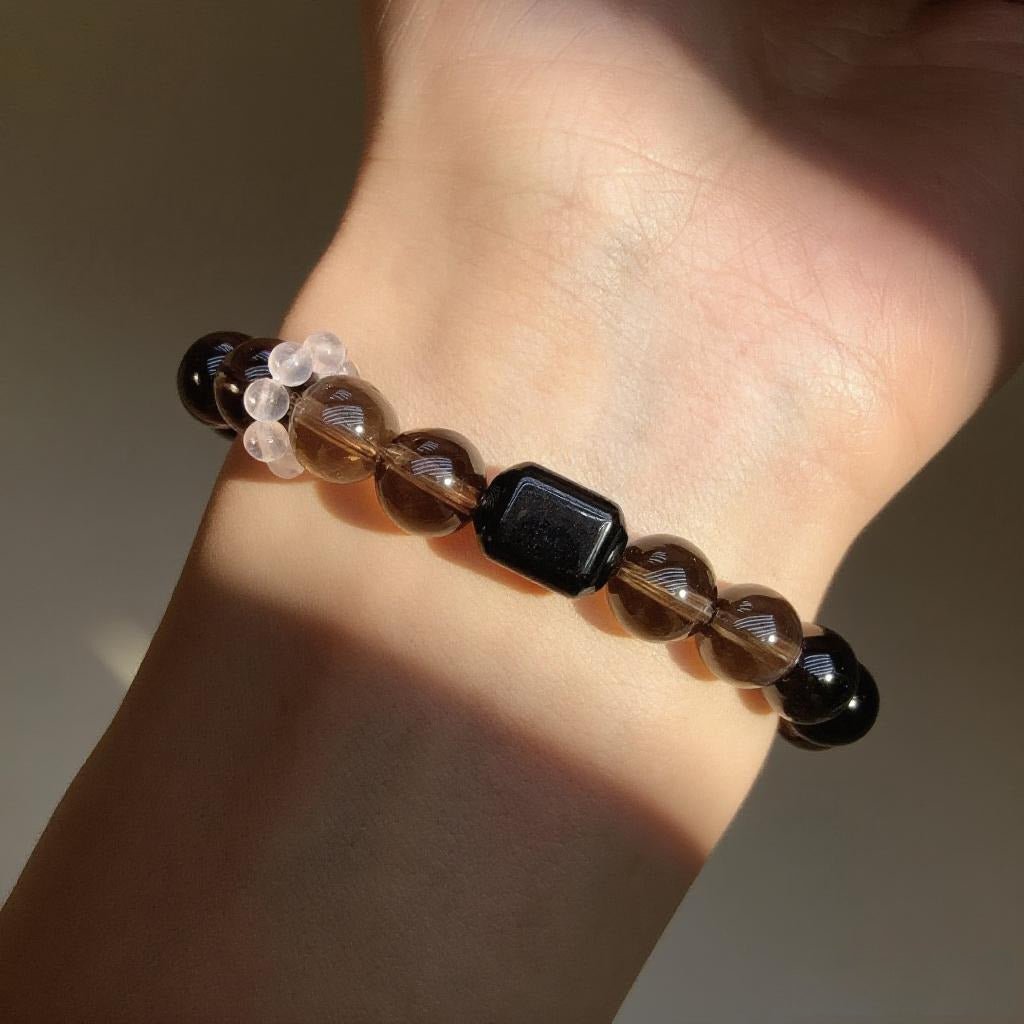 Smoky Quartz & Silver Obsidian Bracelet – Natural Crystal Jewelry for Protection and Balance