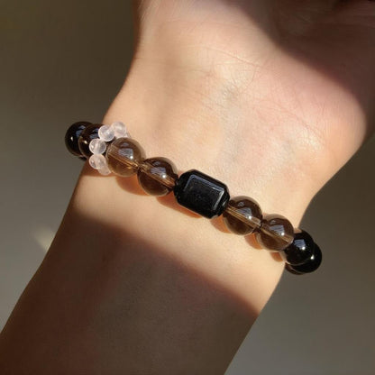 Smoky Quartz & Silver Obsidian Bracelet – Natural Crystal Jewelry for Protection and Balance