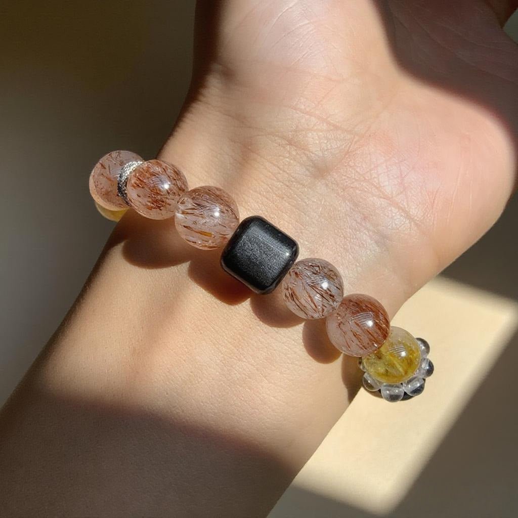 Black Super Seven & Golden Stone Bracelet – Natural Crystal Jewelry for Confidence & Warmth