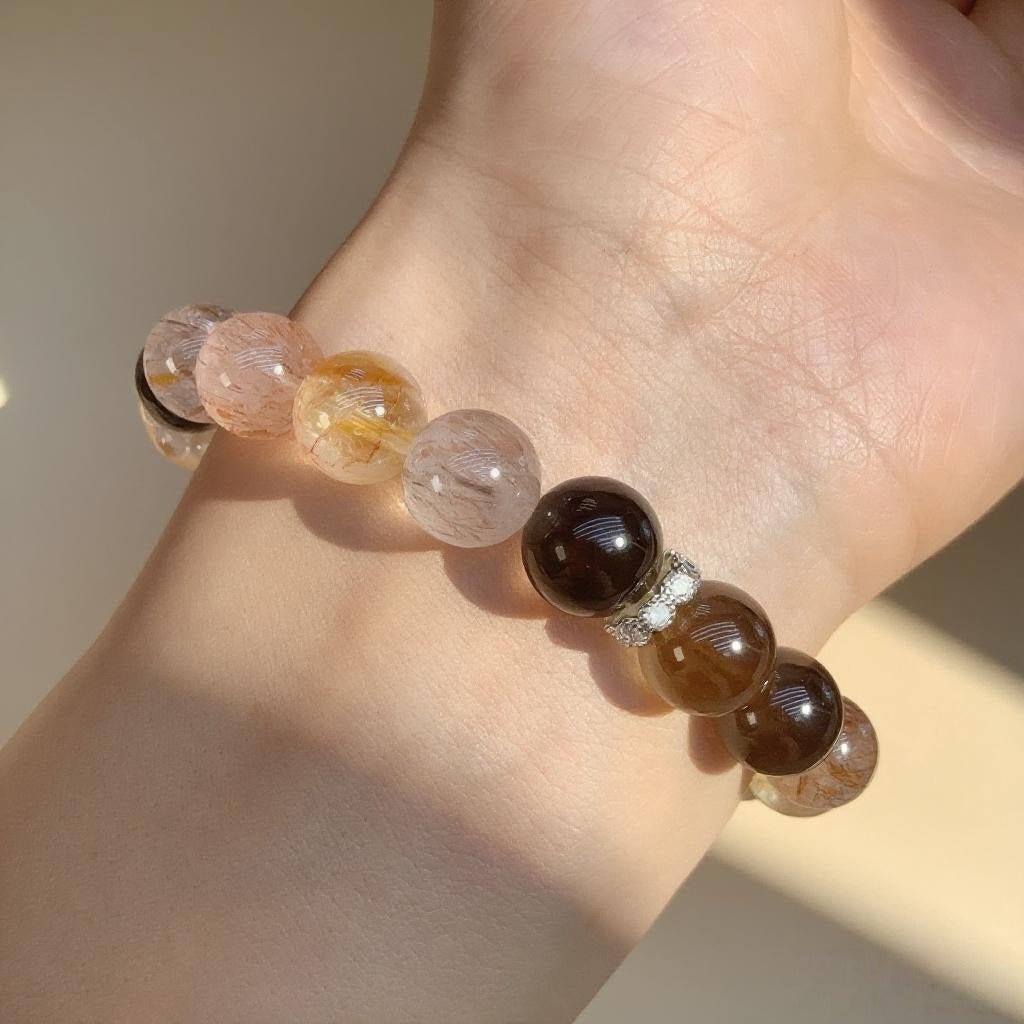 Black Super Seven & Golden Stone Bracelet – Natural Crystal Jewelry for Confidence & Warmth