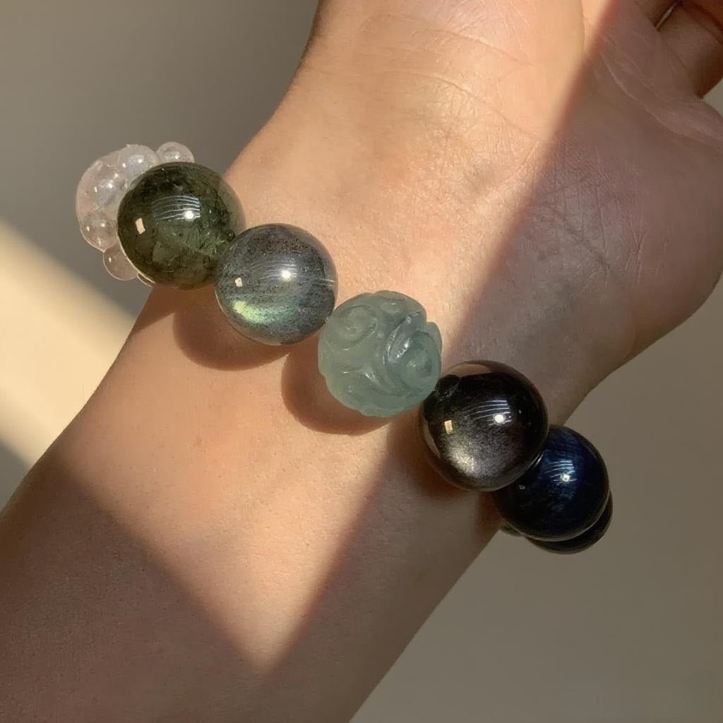 Fluorite & Obsidian Bracelet – Natural Crystal Jewelry for Focus and Protection