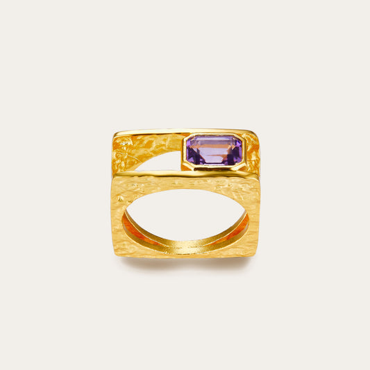 925Silver Natural Amethyst Ring Vintage Style Design Square Ring for Women Cross-Border European and American Ring Niche Silver Jewelry