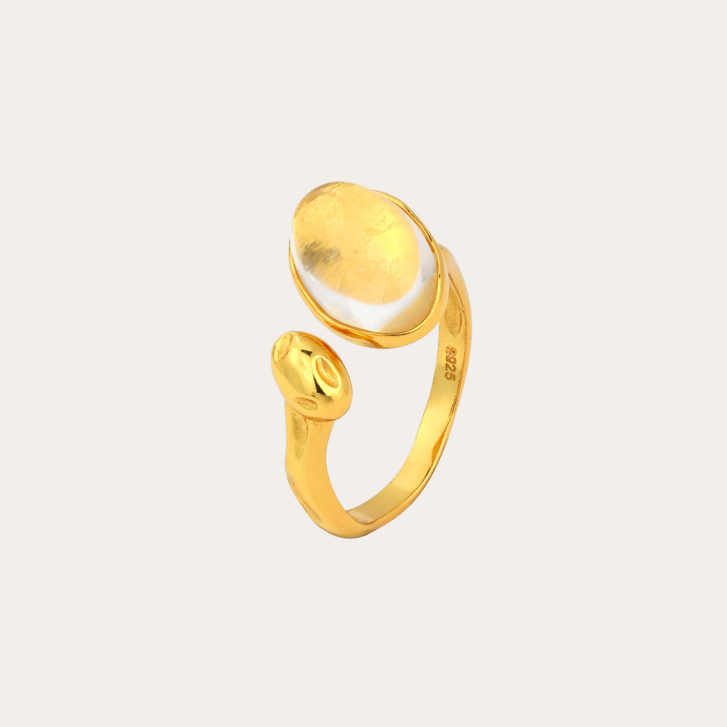 S925Silver Gold-Plated Yellow Crystal Oval Open Ring for Women French Niche Design Sense High-End Vintage Accessory
