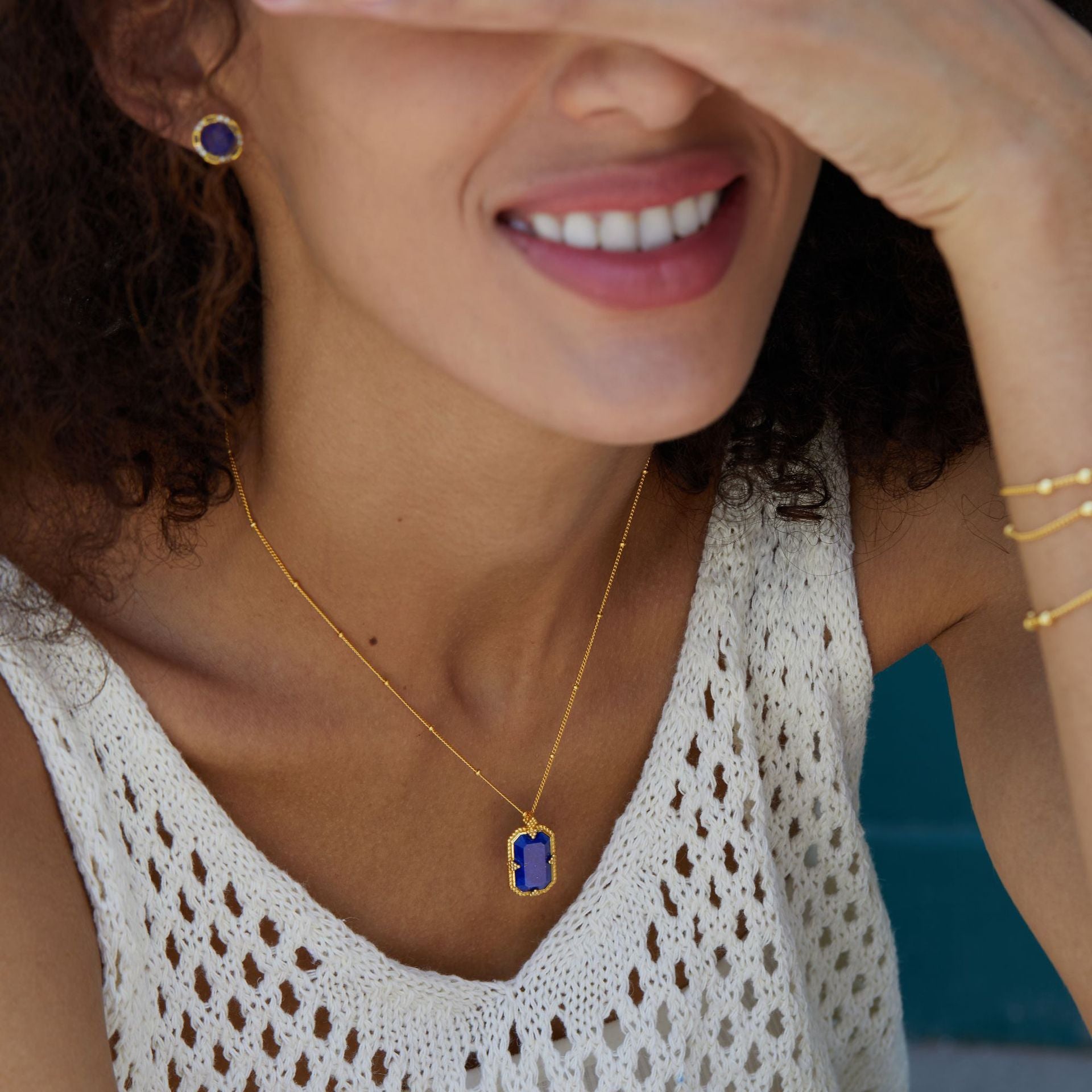 925Silver Lapis Lazuli Necklace French Light Luxury Niche Design Peace Pendant Vintage New National Trend Electroplated K Gold