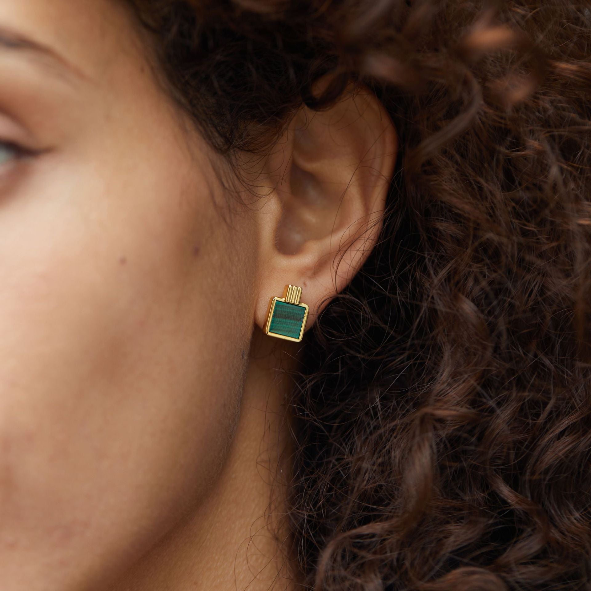 925Silver Natural Malachite Square Earrings Elegant Fashion Geometric Niche Earrings Light Luxury Versatile Commuting Cross-Border